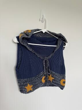 ROMWE Celestial Knit Tie Front Crop Cardigan Moon Star Boho Festival Size Small